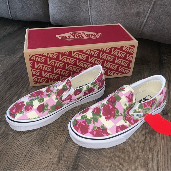 Vans Shoes - Vans slip on floral checkerboard pink & white shoe